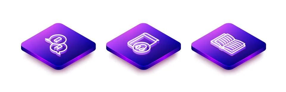 Set Isometric line Question and Answer, Audio book and Open icon. Vector Stock Illustration