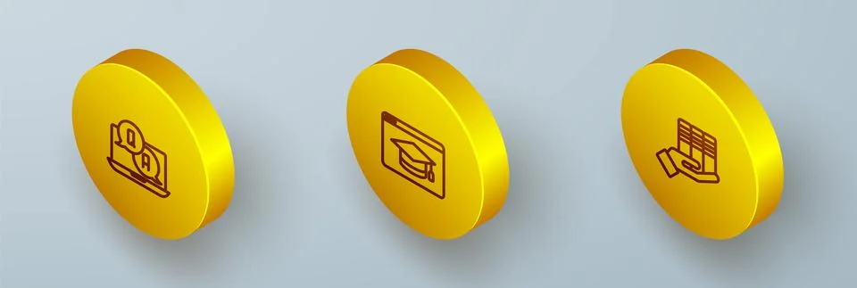 Set Isometric line Question and Answer, Online education and Book donation icon Stock Illustration