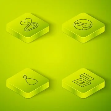 Set Isometric line Rabbit, Pear, Vegetarian food menu and Steak meat icon. .. Stock Illustration