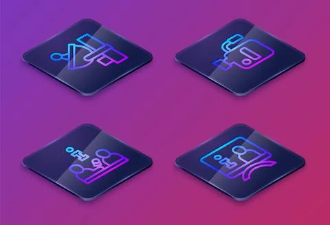 Set Isometric line Radar, Interview, Cinema camera and Television report. Blue Illustrazione stock