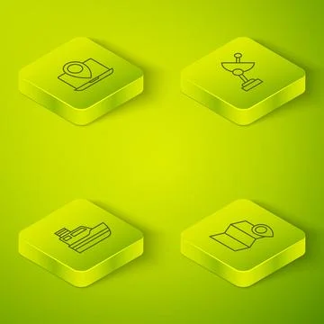 Set Isometric line Radar, Ship line path, Folded map with location marker a.. Illustrazione stock