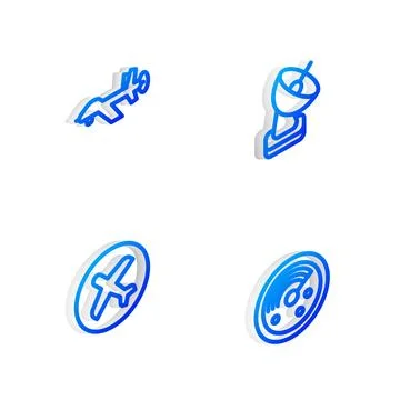 Set Isometric line Radar, UAV Drone, Plane and with targets monitor icon. V.. Stock Illustration