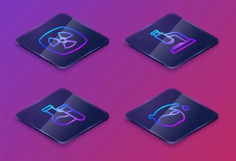 Set Isometric line Radioactive, Test tube, Microscope and . Blue square but.. Stock Illustration