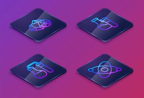 Set Isometric line Radioactive, Test tube,  and Atom. Blue square button. V.. Stock-Illustration