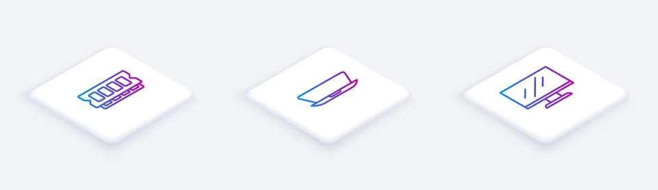 Set Isometric line RAM, random access memory, Laptop and Computer monitor screen 库存插图