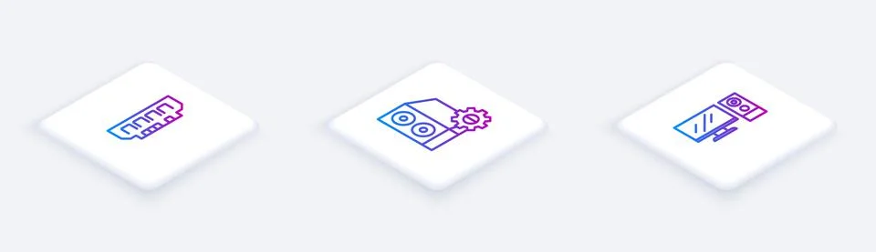 Set Isometric line RAM, random access memory, Case of computer and Computer Stock Illustration