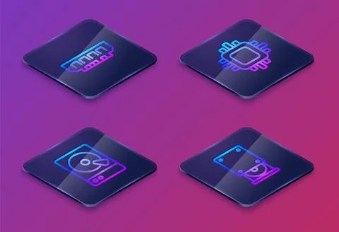 Set Isometric line RAM, random access memory, Hard disk drive HDD, Processor Illustrazione stock