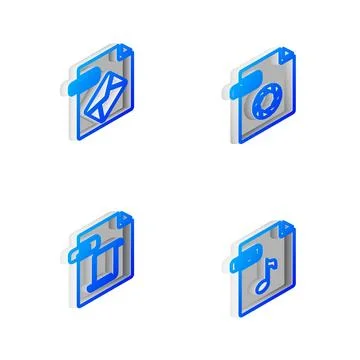 Set Isometric line RAW file document, MSG, JS and MP3 icon. Vector Stock Illustration