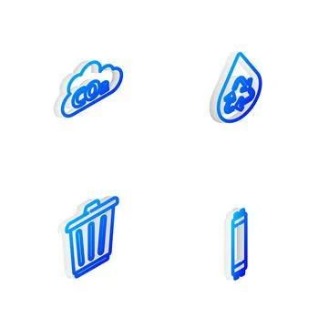 Set Isometric line Recycle clean aqua, CO2 emissions in cloud, Trash can and Stock Illustration