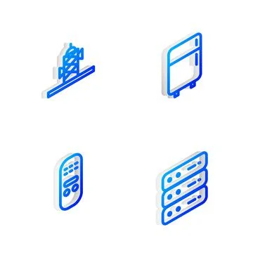 Set Isometric line Refrigerator, Antenna, Remote control and Server, Data, Web Stock Illustration
