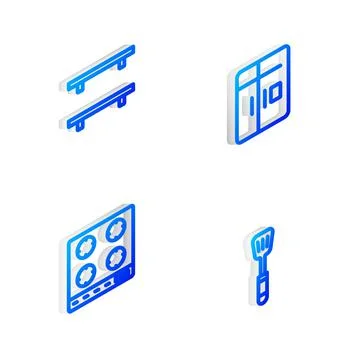 Set Isometric line Refrigerator, Empty wooden shelves, Gas stove and Spatula Illustrazione stock