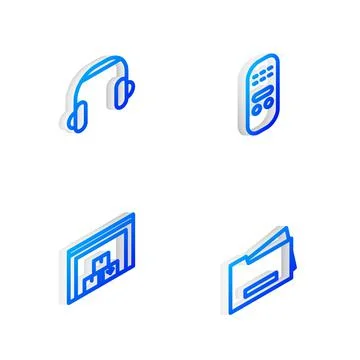 Set Isometric line Remote control, Headphones, Warehouse and Printer icon Ilustración de archivo