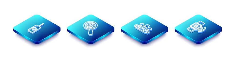Set Isometric line Remote control, Magnifying glass and dollar, Project team Stock Illustration