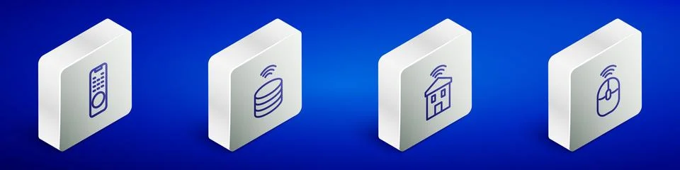 Set Isometric line Remote control, Smart data server, home with wi-fi and W.. Illustrazione stock