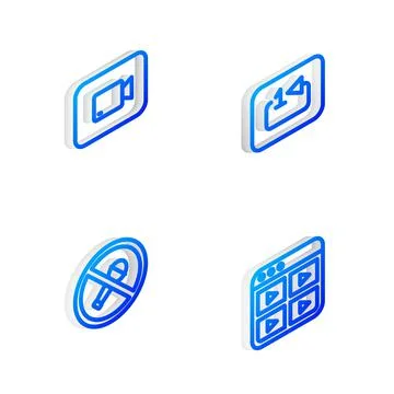 Set Isometric line Repeat track music player, Play video button, Mute microphone Illustrazione stock