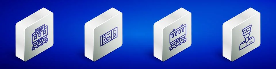 Set Isometric line Restaurant train, Train ticket, Passenger cars and conductor Ilustración de archivo