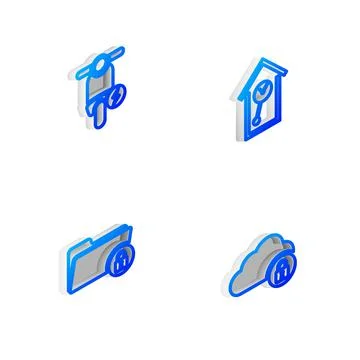 Set Isometric line Retro wall watch, Electric scooter, Folder and lock and Cloud Stock Illustration