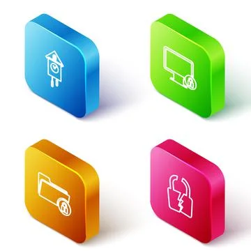 Set Isometric line Retro wall watch, Lock on monitor, Folder and lock and Broken Stock Illustration