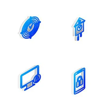 Set Isometric line Retro wall watch, Time Management, Lock on monitor and Stock Illustration