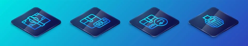 Set Isometric line Return cardboard box, Stacks paper money cash, POS terminal Illustrazione stock