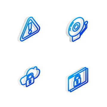 Set Isometric line Ringing alarm bell, Exclamation mark triangle, Cloud Stock Illustration