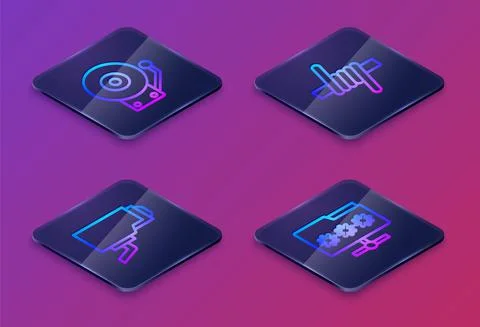 Set Isometric line Ringing alarm bell, Security camera, Barbed wire and Folder Stock Illustration