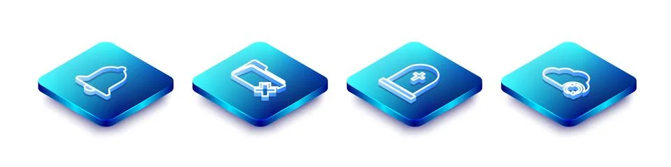Set Isometric line Ringing bell, Delete folder, Tombstone with cross and Cloud Stock Illustration
