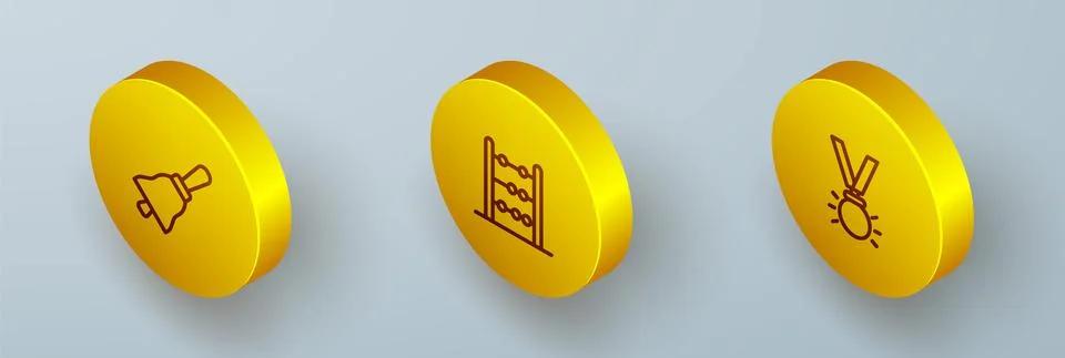 Set Isometric line Ringing bell, Abacus and Medal icon. Vector Stock Illustration