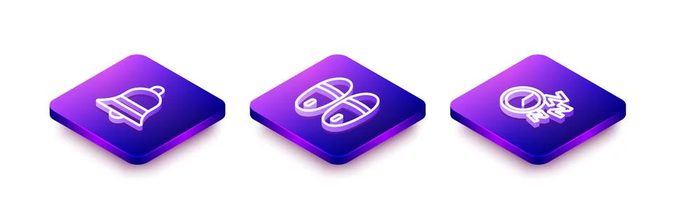 Set Isometric line Ringing bell, Slippers and Alarm clock icon. Vector Stockillustratie