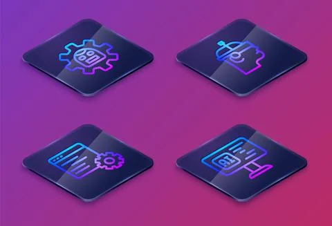 Set Isometric line Robot, Computer api interface, Smart glasses and Software Stock Illustration
