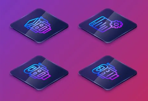 Set Isometric line Robot, low battery charge, Computer api interface and . Blue イラスト素材