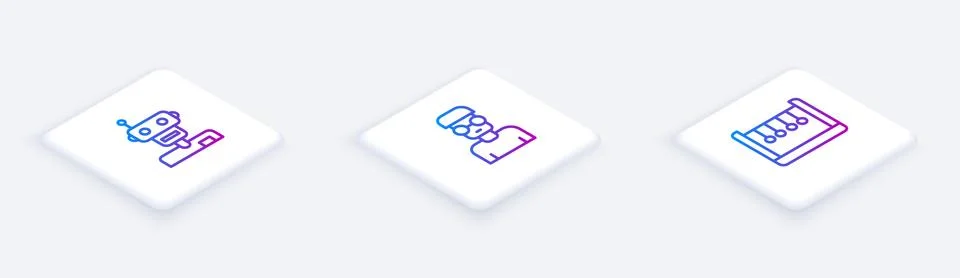 Set Isometric line Robot, Nerd geek and Pendulum. White square button. Vector 스톡 일러스트