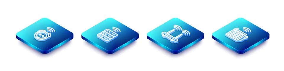 Set Isometric line Robot vacuum cleaner, Smart server, Router and wi-fi signal Stock Illustration