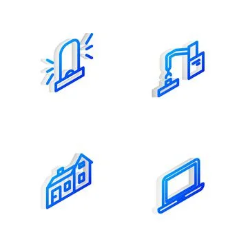 Set Isometric line Robotic robot arm hand factory, Flasher siren, House and Ilustración de archivo