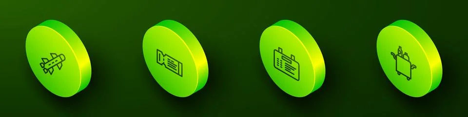 Set Isometric line Rocket, Airline ticket, Airport board and Trolley for fo.. Stock Illustration