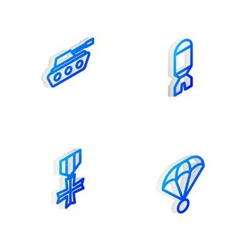 Set Isometric line Rocket launcher, Military tank, reward medal and Parachute Stock Illustration