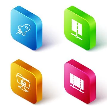 Set Isometric line Rocket ship with fire, Server, Data, Web Hosting, FTP folder Stock Illustration