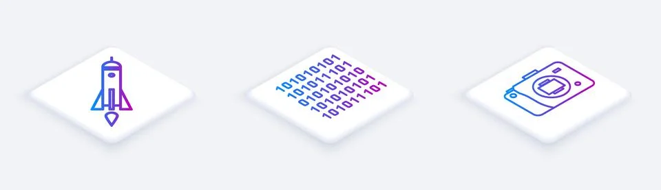 Set Isometric line Rocket ship with fire, Binary code and Mirrorless camera 스톡 일러스트