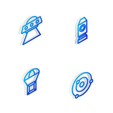 Set Isometric line Rocket ship, UFO flying spaceship, Box on parachute and So 스톡 일러스트