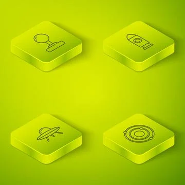 Set Isometric line Rocket ship, UFO flying spaceship, Solar system and Joystick Stock Illustration