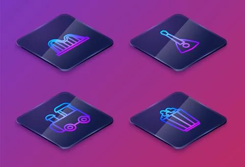 Set Isometric line Roller coaster, Toy train, Balalaika and Popcorn box. Blue Stock Illustration
