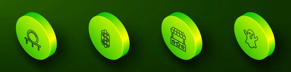 Set Isometric line Roller coaster, Hotdog sandwich, Ticket box office and Ghost Stock Illustration