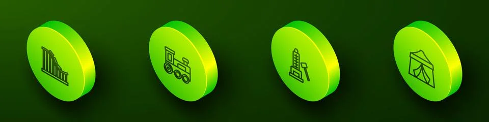 Set Isometric line Roller coaster, Toy train, Striker attraction with hammer and Stock Illustration