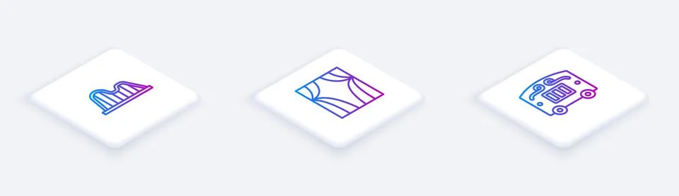 Set Isometric line Roller coaster, Circus curtain raises and wagon. White square Stock Illustration