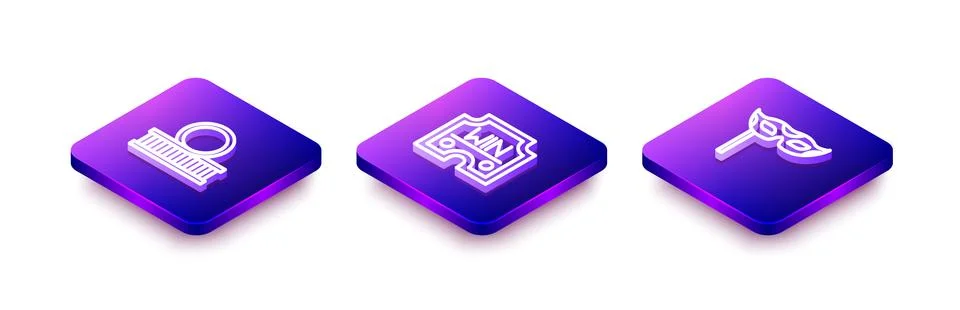 Set Isometric line Roller coaster, Casino win and Festive mask icon. Vector Illustrazione stock