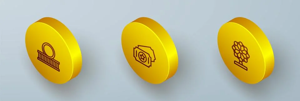 Set Isometric line Roller coaster, Circus ticket and Ferris wheel icon. Vecto Stock Illustration