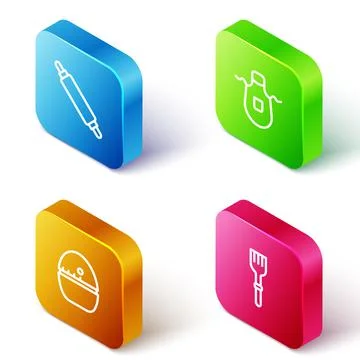 Set Isometric line Rolling pin, Kitchen apron, timer and Fork icon. Vector Stock Illustration
