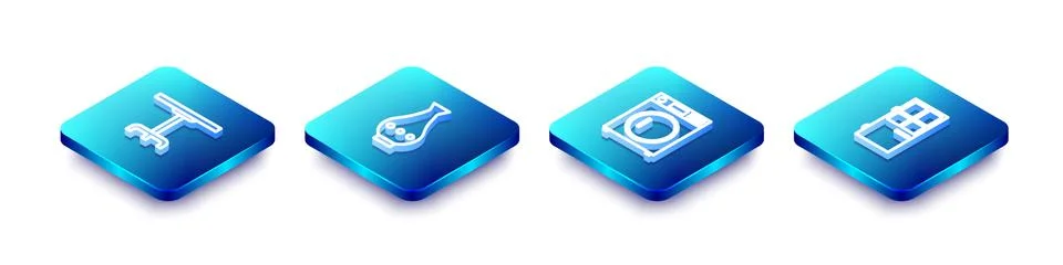 Set Isometric line Round table, Vase, Washer and Closed door icon. Vector Stock Illustration