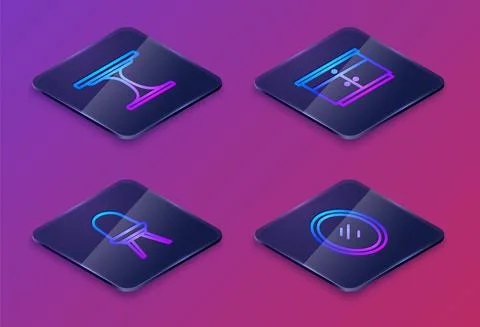 Set Isometric line Round table, Chair, Furniture nightstand and Mirror. Blue Illustrazione stock