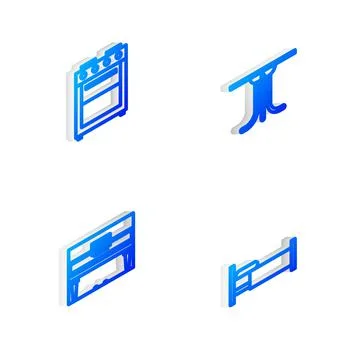 Set Isometric line Round table, Oven, Grand piano and Bed icon. Vector Stock Illustration